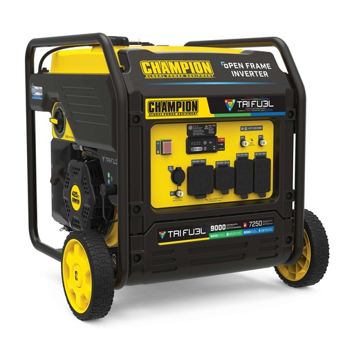[201176] Champion 9000-Watt Electric Start Tri Fuel Home Backup Portable Open Frame Inverter Generator with Quiet Technology and CO Shield®
