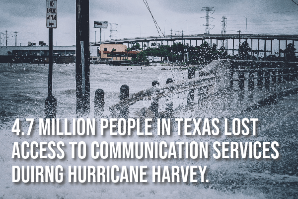 flooded bridge and powerlines with text that says 4.7 million people in texas lost access to communication services during hurricane harvey